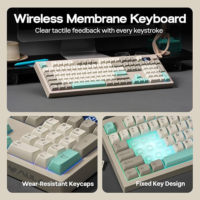 EPOMAKER Aula S102 PRO Membrane Gaming Keyboard w/TFT Screen & Volume Knob | Silent Keyboard w/ Number Pad for PC Game/Office, BT/2.4G/USB, RGB Backlit, Creamy Silicone Structure (Grey) - Image 6