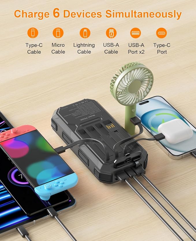 Solar Charger Power Bank 38800mAh, 22.5W USB-C Fast Charging Portable Charger with 4 Built-in Cables, External Battery Pack with Dual LED Emergency Flashlights for Camping, Hiking, Outdoor Use - Image 3