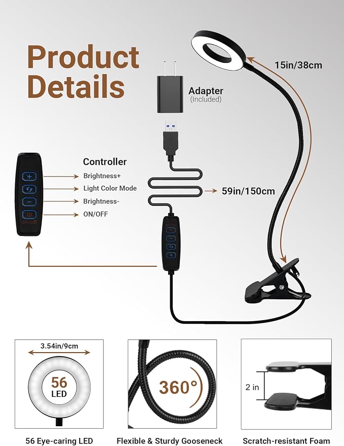Clip on Lamp,5 Colors+10 Brightness Memory LED Desk Lamp with Clamp Light | 550lm Bright Clip on Light for Bed Headboard/Bedside Table,360° Adjustable Reading Light for Bed/Dorm/Nail/Puzzle,USB Adapter - Image 8