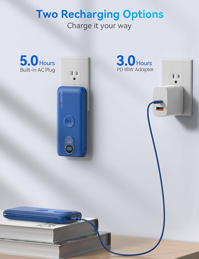 Portable Charger Power Bank 10000mAh PD20W w/Built-in Cables & AC Plug | Portable charger iphone,Fast charging, Built-in wall plug, LED display, Charge 6 devices at once, Pass through charging - Image 6