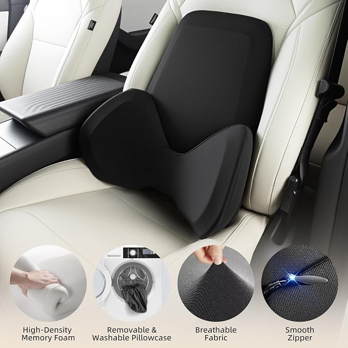 BEBAS Ergonomic Memory Foam Extended Lumbar Support Pillow for Car, Black | Extended Full Back Support, 2-in-1 Detachable Design Lumbar Cushion, Breathable Washable Cover, Fits for Driving, Office - Image 5