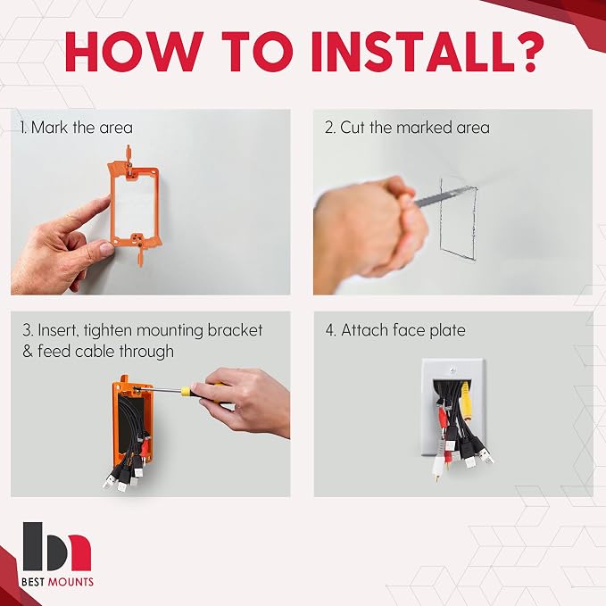 1 Pack Wall Plate Cable Pass Through with Bracket - In Wall Cable Management Kit - Recessed Cable Wall Plate Pair with Single Gang Low Voltage Mounting Bracket - Decorator Cover for Low Voltage Cables - Image 7