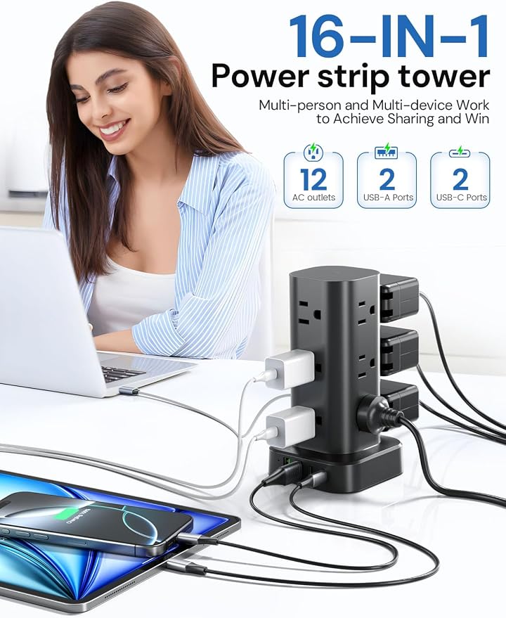 Tower Power Strip with Surge Protector - 12 AC Outlets & 4 USB Ports (2 USB-C), 6FT Extension Cord, Charging Station Tower for Home Office Dorm Travel (Black) - Image 2