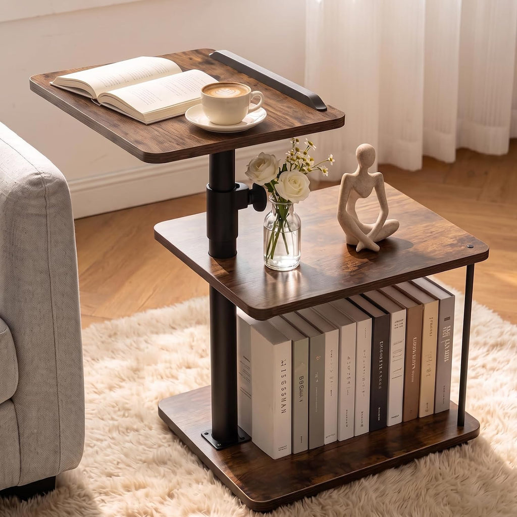 C Shaped Side Table, 360° Swivel Height Adjustable, 3-Tier Sofa Side Desk by Megadream