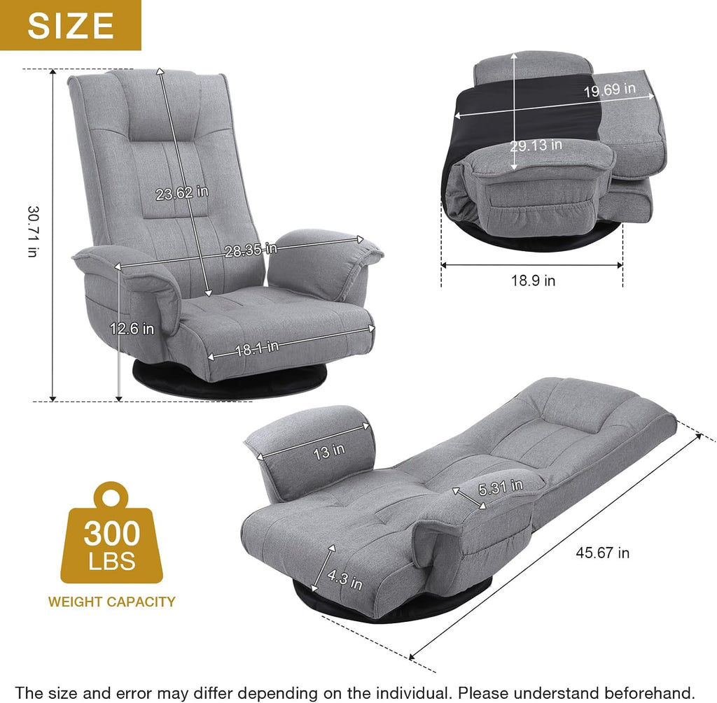 Ergonomic Swivel Floor Gaming Chair with Armrests & Side Pockets, 6-Position Reclining Sofa Bed, Foldable Padded Lounger with Thick Cushion & Lumbar Support for Esports, Reading, TV Watching, Beige - Image 2