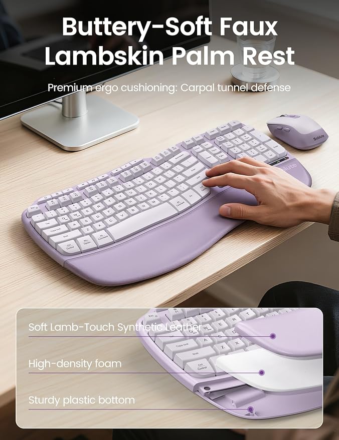 Purple Ergonomic Wireless Keyboard and Mouse Combo, Sablute 2.4G Full Size Ergo Wave Key Board with Cushioned Plam Rest, Natural Typing, 3 DPI Adjustable Silent Mouse for Computer/Laptop/Windows/Mac - Image 2