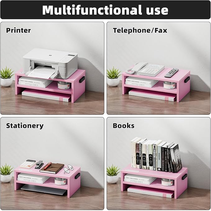 Marbrasse Wood Monitor Stand Riser,Desk Computer Printer Shelf Stand，Pink | 2 Tier Laptop Computer Screen Storage, Desktop Stand with Phone Holder and Cable Management - Image 7