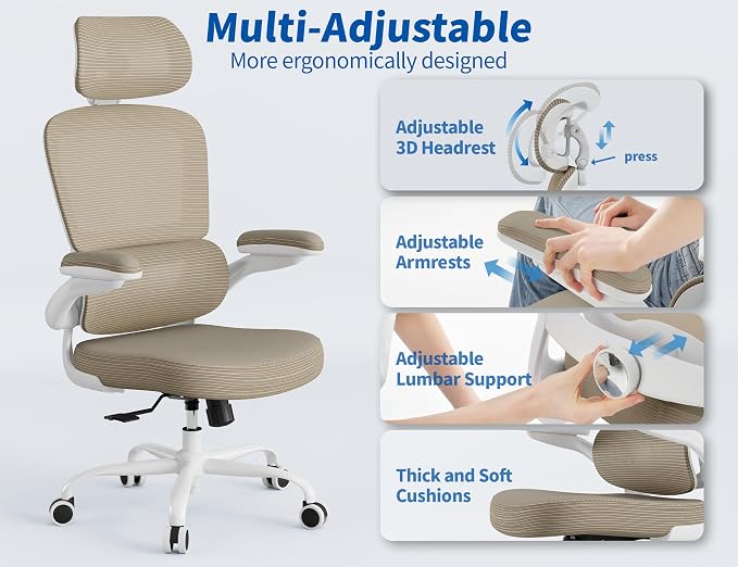 TRALT Ergonomic Office Chair Desk Chair with Adjustable Lumbar Support | Home Office Desk Chairs with Flip-up Armrests & 3D Headrest - Mesh Gaming Chairs for Adults, 330lbs, PU Leather (Khaki, 1) - Image 4
