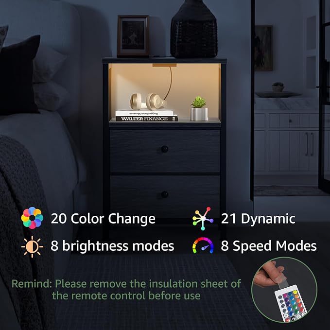 BOLUO Gray Nightstand with Charging Station, LED Night Stand with 2 Fabric Drawers, Bedside Table with USB Ports and Outlets, Nightstand for Bedroom Modern - Image 6