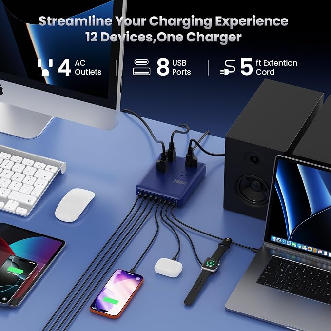 200W Charging Station,12-in-1 USB C Power Strip with Flat Plug and 5ft Extension Cord,4 AC Outlets,4 USB-A,4 USB-C Ports for iPhone 17/16/15,65W PD Fast Laptop Charger for MacBook,Home,Office (Blue) - Image 2