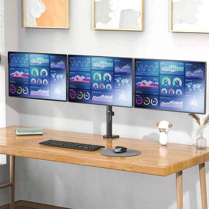 WALI Adjustable Triple Monitor Mount for 13-27 inch Screens, 22 lbs per Arm | 3 Monitor Desk Mount, Full Motion with Tilt, Swivel, Rotation, C-Clamp & Grommet Base, VESA 75/100mm (M003S), Black - Image 2
