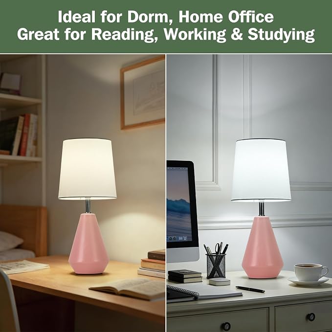 Small Bedside Table Lamp for Bedroom-Reading Desk Lamp Set of 2,with 3 Color Temperatures,15.5" Nightstand Ceramic Lamp with Fabric Shade for Kids Room,Living Room,Dorm,Home Office(Pink+White) - Image 4