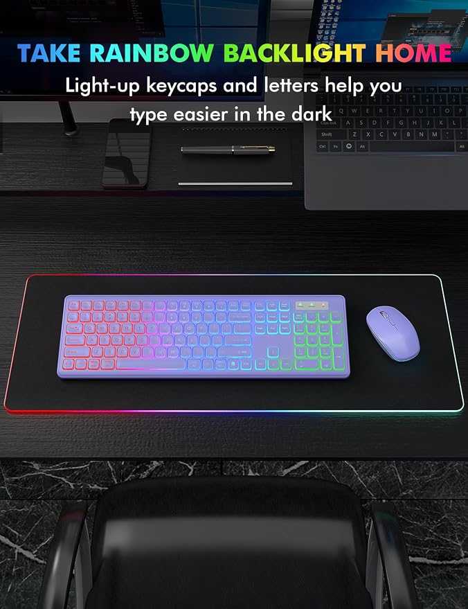 Wireless Keyboard and Mouse Combo with RGB Backlit, Rechargeable | Light Up Letters, Full-Size, Soft Typing, Sleep Mode, 2.4GHz Quiet Keyboard Set for Mac, Windows, Laptop, PC, Trueque KM42Pro - Image 6