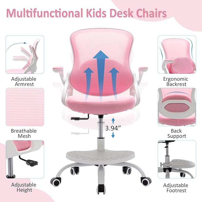 Kids Desk Chair,Ergonomic Study Chair with Adjustable Height,Swivel Mesh Desk Chair with Wheels,Home Office Chair for Children in Home Bedroom Pink - Image 3
