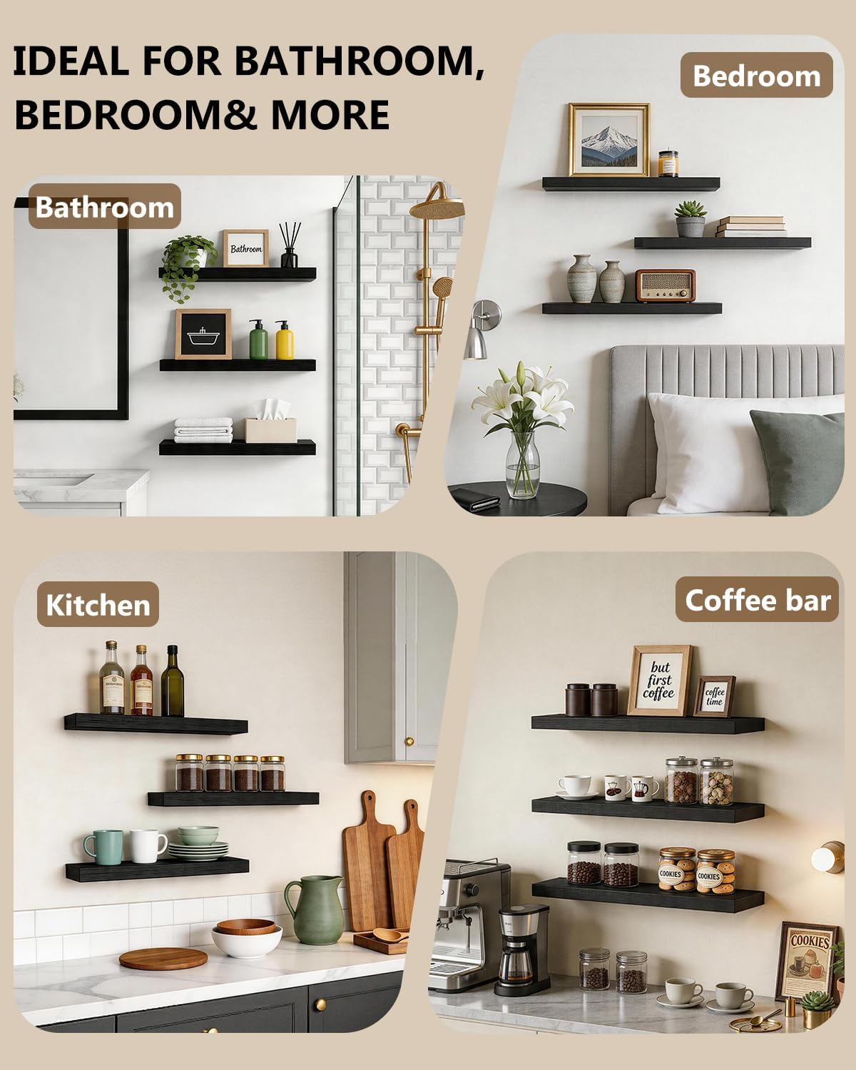WALI Floating Shelves for Wall, 3 Tier Bathroom Storage Shelf Over Toilet, for Bedroom Bookshelf, Living Room Decor, Kitchen, Nursery, Laundry, Soundbar Floating Shelf Mount Under TV (CS103L), Black - Image 3