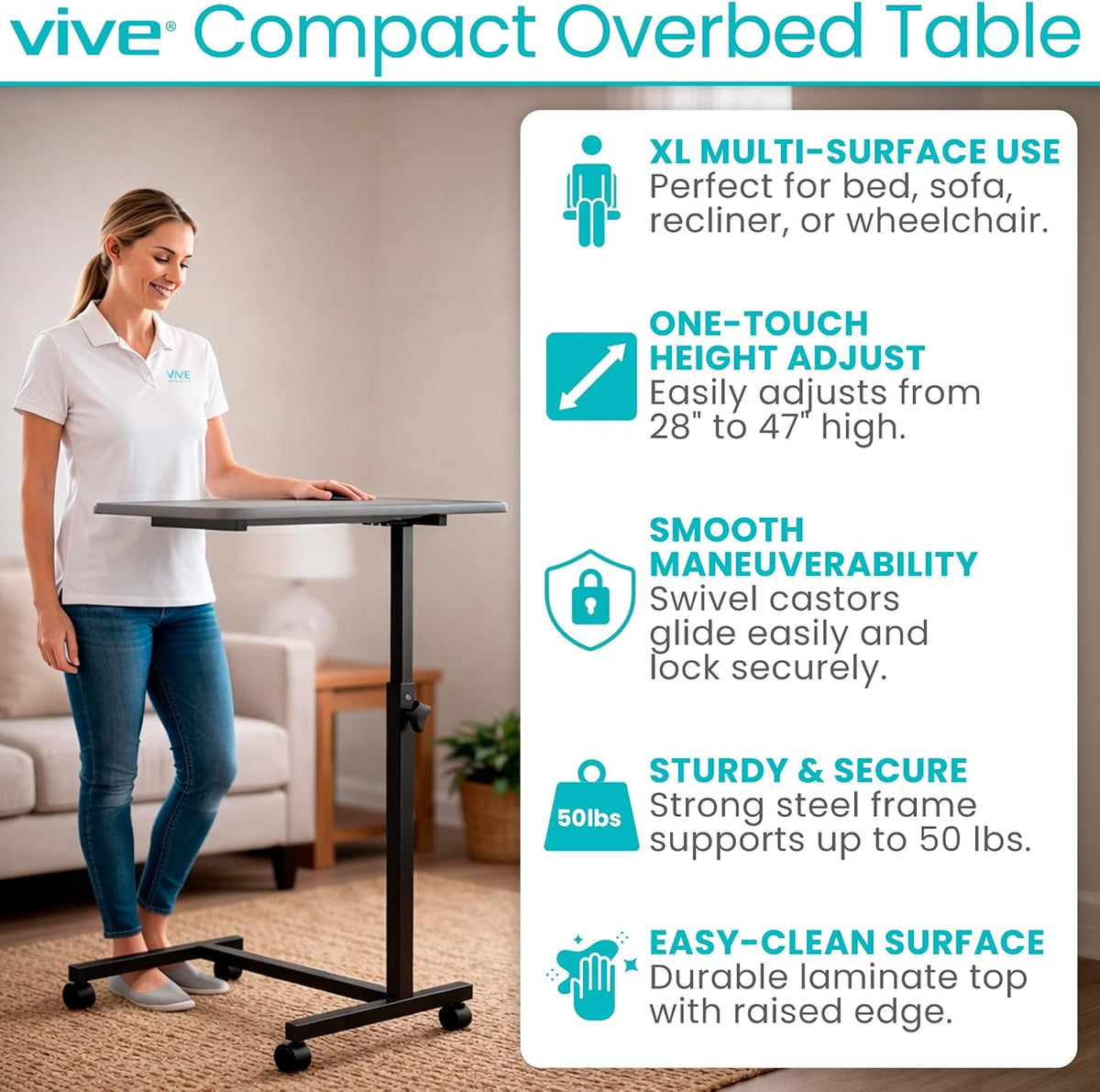Vive Overbed Hospital Bed Table for Home Use - Adjustable Swivel Wheels - Image 3