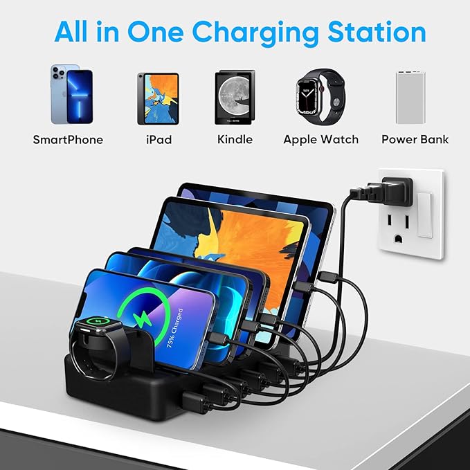 Charging Station for Multiple Devices, 50W 6 Ports USB Charger Station | with Apple Watch Holder & 6 Cables, for iPad Cellphone Kindle Tablet and Other Electronic, 1 USB-A to USB-C Adapter Converter - Image 6