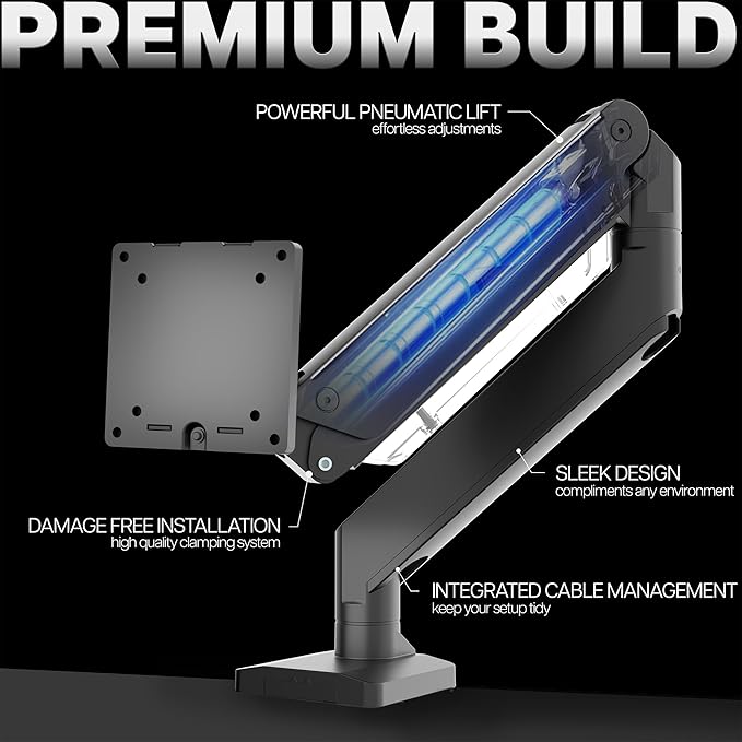 VIVO Premium Aluminum Monitor Arm for Ultrawide Screens up to 49 inches and 33 lbs, Heavy Duty Single Desk Mount, Pneumatic Height, Max VESA 100x100, Black, STAND-V101G1 - Image 6