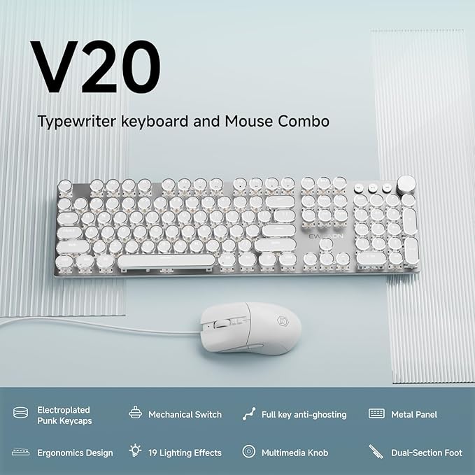 EWEADN Wired Typewriter Keyboard and Mouse Combo, Typewriter Style Mechanical Keyboard,104 Keys Backlit LED Keyboards, Media Control Knob, Wired Keyboard White Switch for Windows/PC-White - Image 2