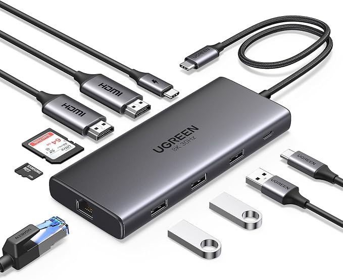 UGREEN USB C Docking Station Dual Monitor, 10-in-1 Laptop Dock with 2 HDMI | 2x HDMI, Single 8K, 100W PD, 1Gbps Ethernet, 4x 5Gbps USB-A/C Data, SD/TF, Revodok Pro Aluminum USB-C Dock for Dell/HP/Lenovo - Image 8
