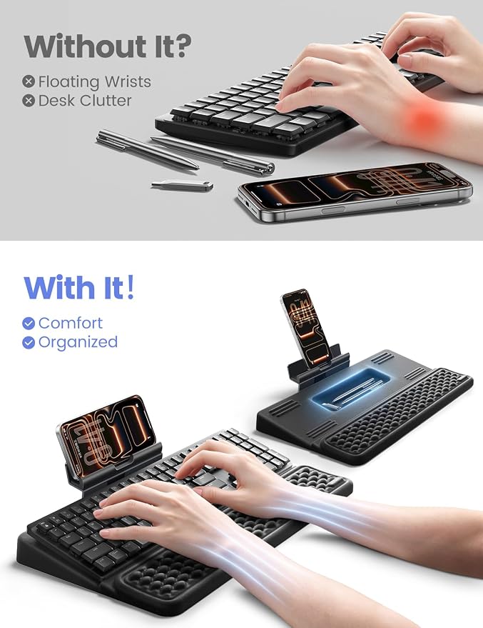 Vaydeer 4-in-1 Keyboard Wrist Rest, Ergonomic Keyboard Stand with Adjustable Phone Stand, Tilt Computer Pad Typing Support for Desk, Memory Foam Cushion Storage Riser Holder Tray Lift for Office Home - Image 3