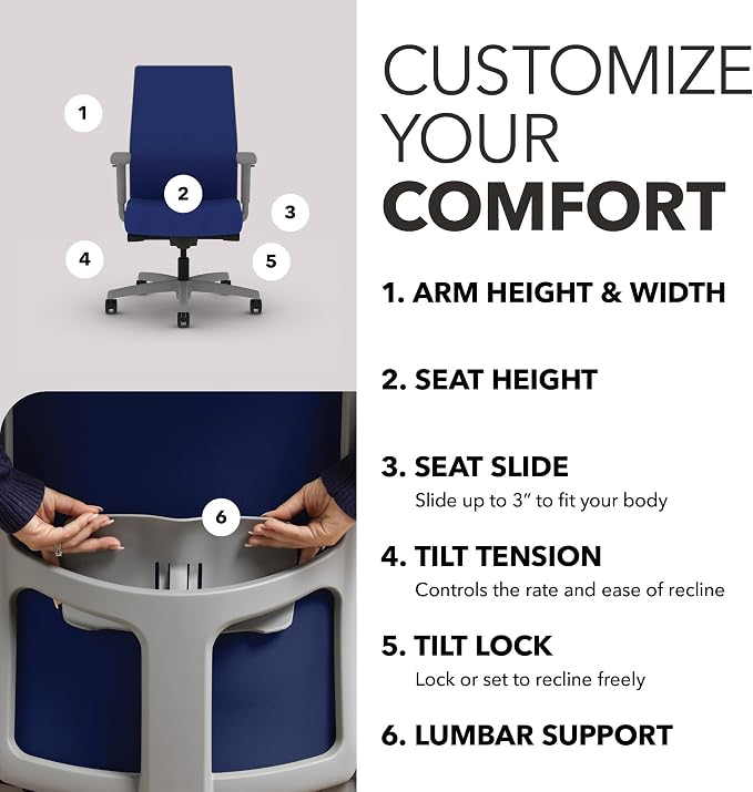 HON Ignition 2.0 Ergonomic Office Chair, Lumbar Support, Desk Chair, Cobalt - Image 3