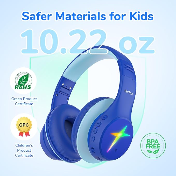 EarFun K4 Kids Bluetooth Headphones, Wireless Headphones with Lights, Blue | 74/85/94dBA Volume Limited, Built-in Mic, 90H Playtime, Stereo Sound Bluetooth 5.4 Over Ear Headphone for iPad/Tablet/School - Image 6