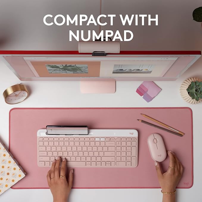 Logitech K585 Slim Wireless Keyboard with Built-in Phone Cradle - Rose | Bluetooth with included USB receiver, connects 2 devices, cradle can hold smartphone or tablet up to 10 in. in landscape mode - Image 4