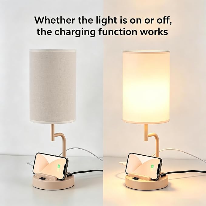 Dreamholder 2 Pack Table Lamp, Bedside Lamp with 3 USB Charging Ports & AC Outlet, USB Desk Lamp with 2 Phone Holders, Linen Fabric Shade Nightstand Lamps for Bedroom Living Room Office, Beige - Image 3