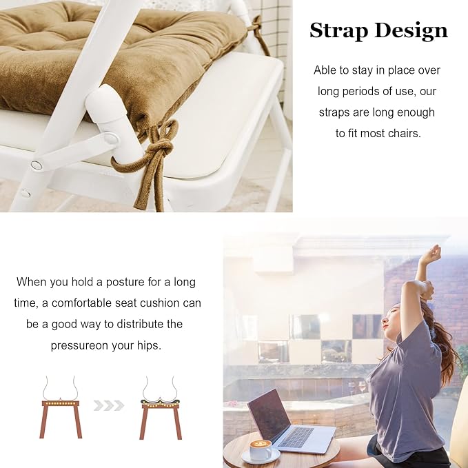Set of 4 Square Chair Pads Indoor Seat Cushions Pillows with Ties Soft Comfortable Non Slip Chair Mat for Kitchen Dining Office Desk Living Room Outdoor Tatami 15.5" - Khaki - Image 4