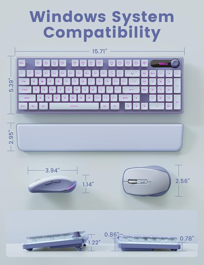 Wireless Keyboard and Mouse Combo - 9 Backlit Effects, Wrist Rest, Double-Shot Keycaps, Metal Panel, Long-Lasting Rechargeable, 2.4G Keyboard Mouse Set for Windows Mac PC Laptop – Sablute (Purple) - Image 9