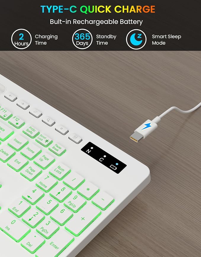 Wireless Keyboard, 7 Colored Backlits, Wrist Rest, Phone Holder-White | Rechargeable Ergonomic Computer Keyboard with Silent Keys, Full Size Lighted Keyboard for Windows, Mac, PC, Laptop - Image 4