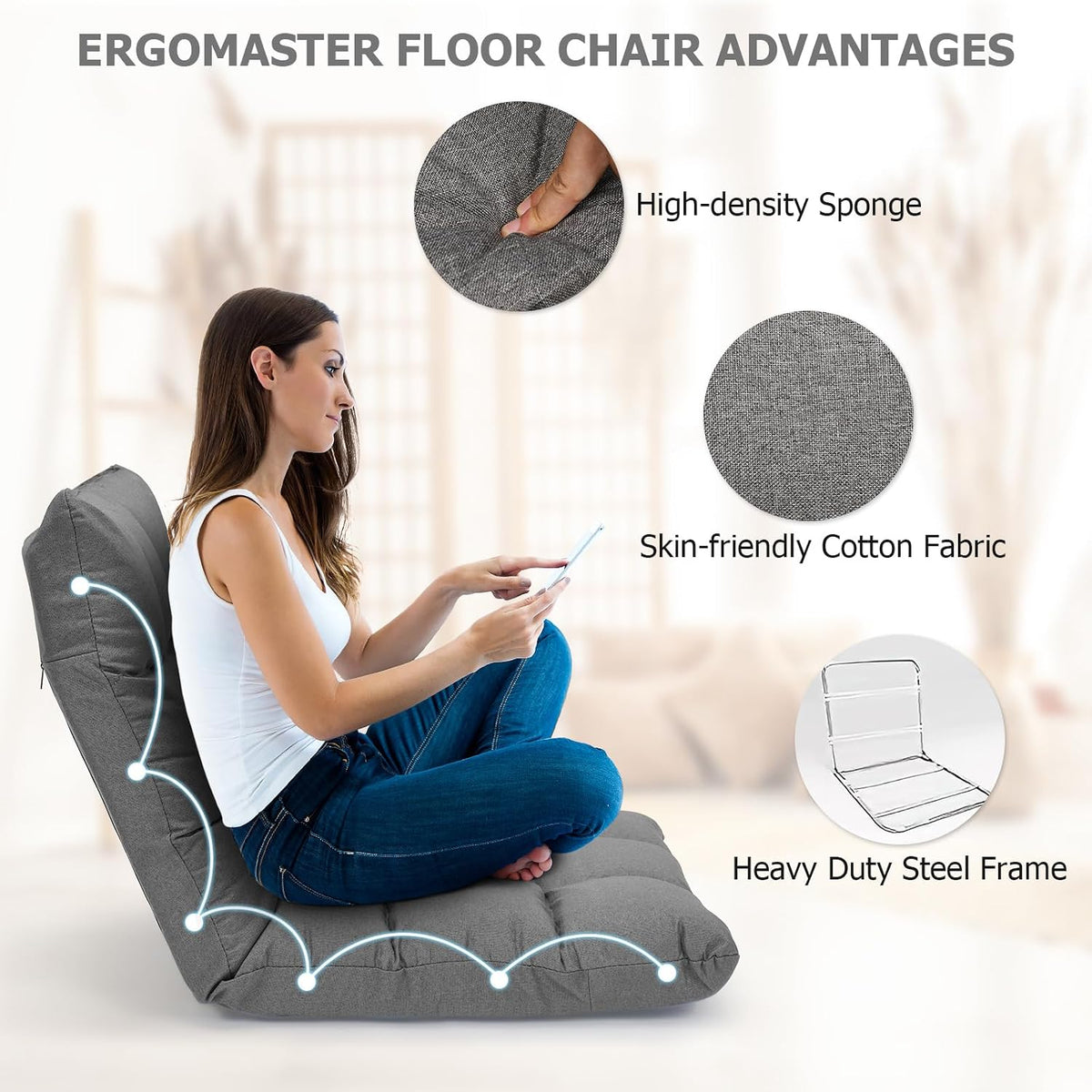 Video Gaming Floor Chair with Adjustable 14-Position Memory Foam, Folding Floor Sofa Chair Lounger Folding Sleeper Bed Couch Recliner, Lazy Sofa Lounger for TV, Reading, Relaxing (Grey) - Image 5