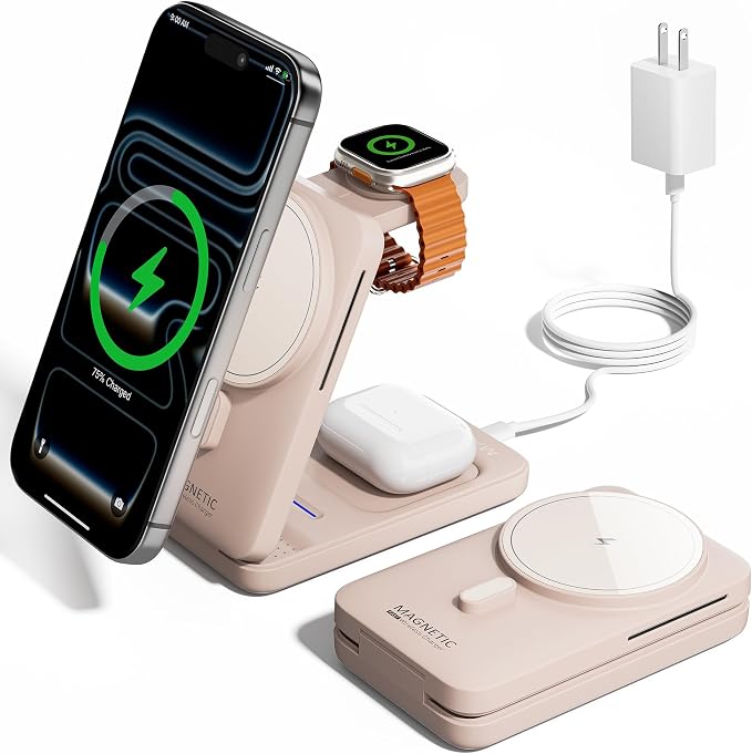 Foldable 3in1 Charging Station for Magsafe, Travel Phone and Watch Charger for Apple Devices, Wireless Charging Dock for iPhone 17 16 15 14 13 12 Series/Apple Watch/Airpods by KPON