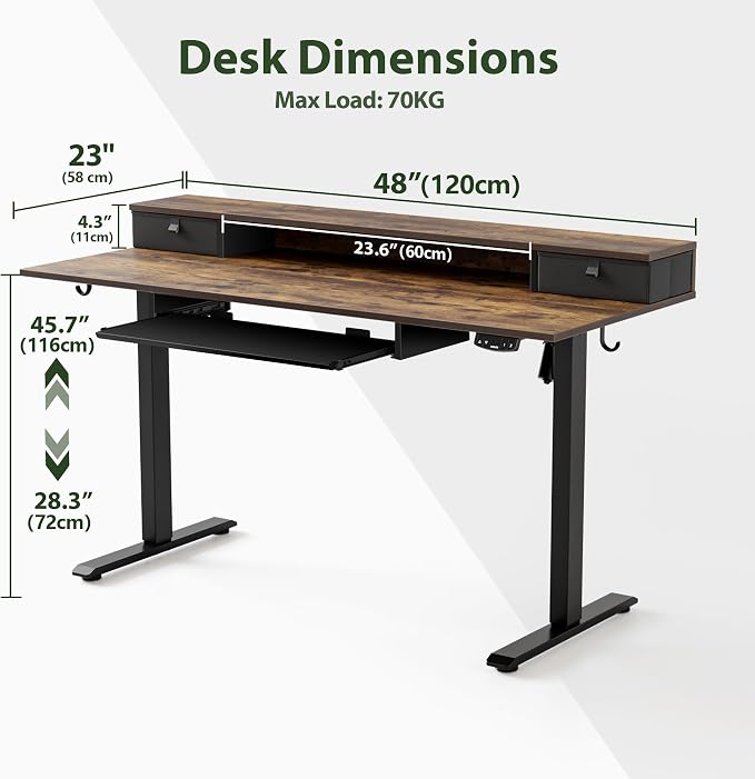 Agilestic 48 Inch Standing Desk with Drawers & Keyboard Tray, Rustic Brown | Electric Height Adjustable, 2 Storage Drawer, Monitor Stand, Sturdy Steel Frame, Memory Presets, Hooks, 154 lbs, Splice Board - Image 3