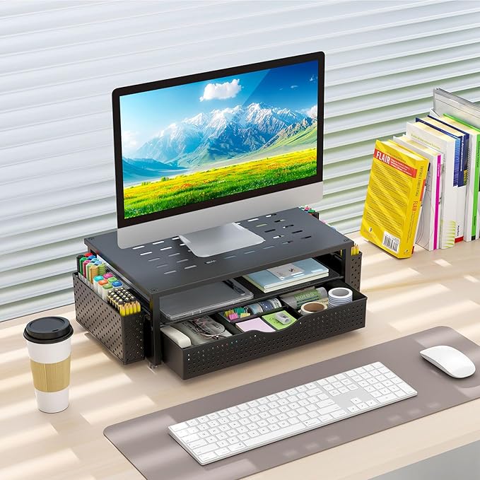 gianotter Monitor Stand with Drawer and 2 Pen Holders | Monitor Riser Dual-Layer Storage Desk Organizers and Accessories (Black-Ventilated) - Image 7