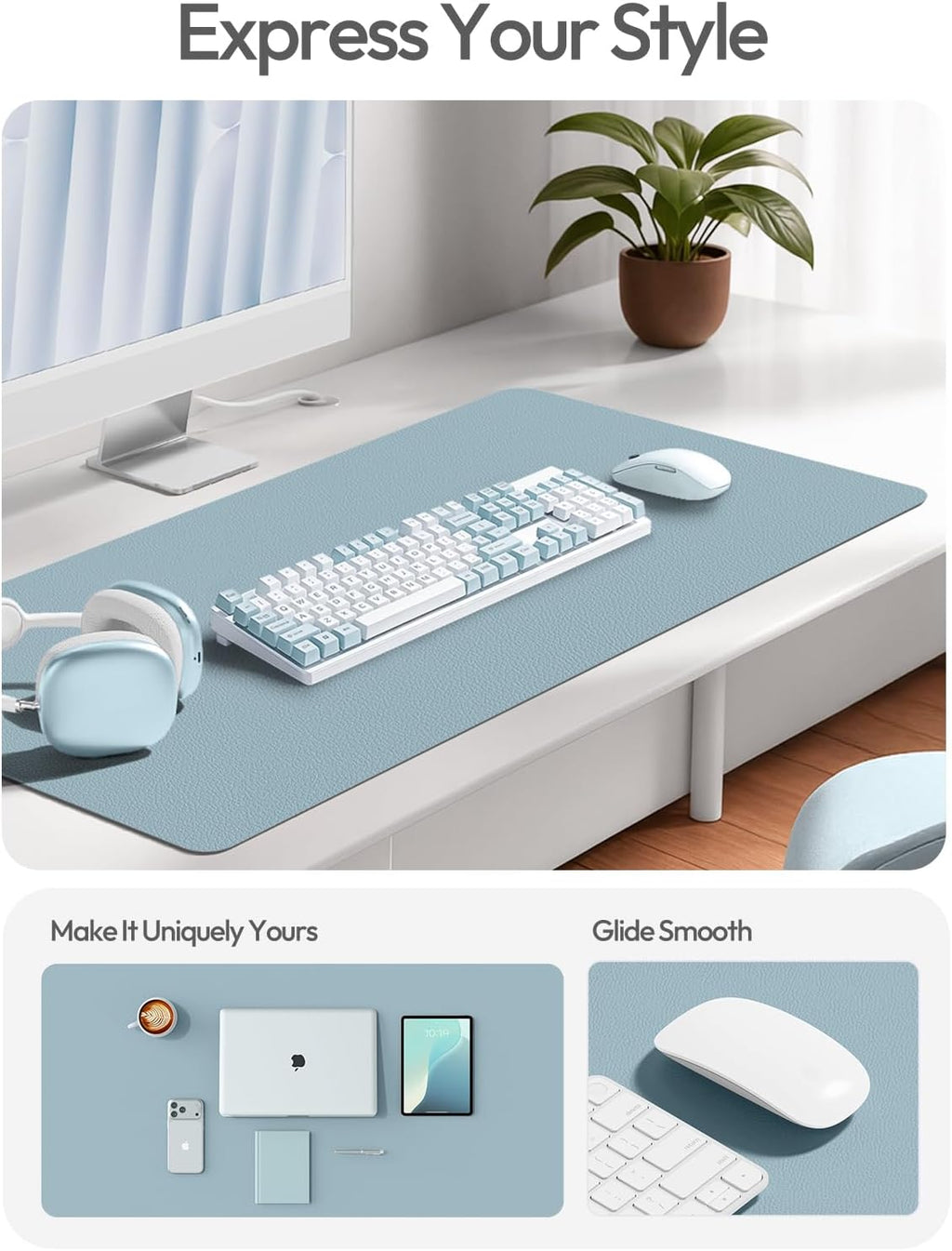 YSAGi Leather Desk Pad Protector, Office Desk Mat, Large Mouse Pad, Non-Slip PU Leather Desk Blotter, Laptop Desk Pad, Waterproof Desk Writing Pad for Office and Home (Ice Blue,55" x 17.2") - Image 3