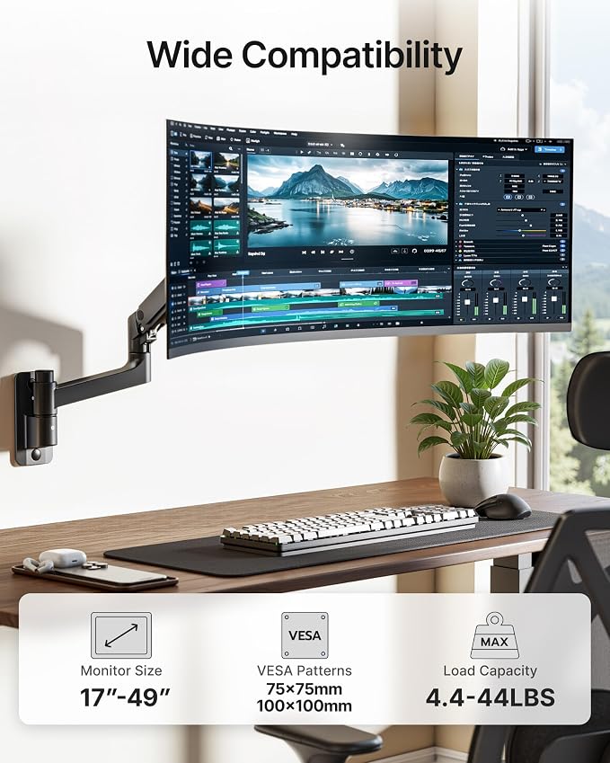 Single Wall Mount Monitor Arm for 17-49" Ultrawide Screens | Heavy Duty Wall Mount Stand Holds up to 44 LBS - Image 2