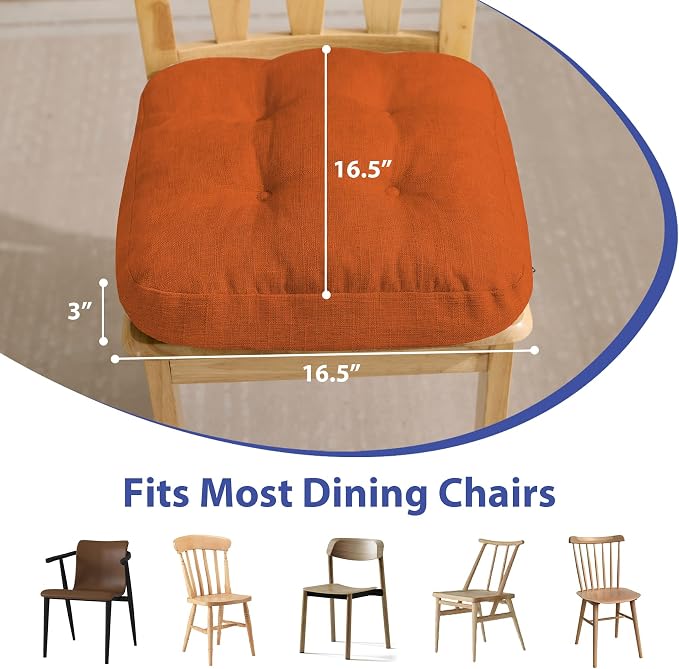 IASEAHK Chair Cushions for Dining Chairs, Dining Chair Cushions, Tufted Indoor Chair Pads with Ties & Non Slip Backing, Seat Cushions for Kitchen Chairs 16.5” x 16.5” x 3.5”, Set of 6, Orange - Image 3