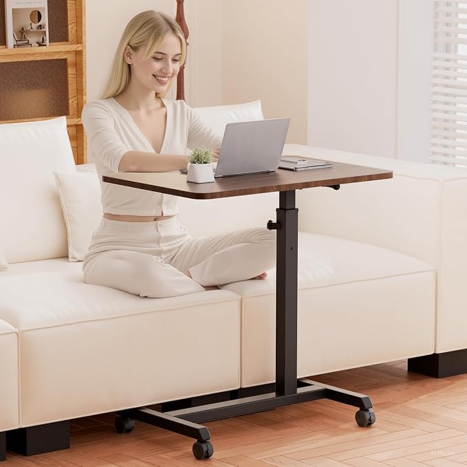 GTPLAYER Small Standing Desk, 24 Inches Foldable Mobile Rolling Laptop PC Table with Lockable Casters, Adjustable Height Overbed Bedside Table Computer Workstation for Home Office, Dark Brown-Foldable - Image 3