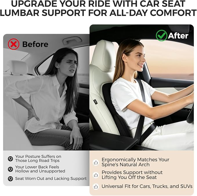BEBAS Ergonomic Memory Foam Extended Lumbar Support Pillow for Car, Black | Extended Full Back Support, 2-in-1 Detachable Design Lumbar Cushion, Breathable Washable Cover, Fits for Driving, Office - Image 7
