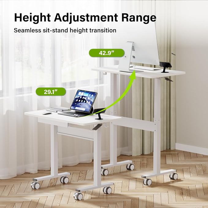 35" Pneumatic Standing Desk for Walking Pad with Wheels Drawer, White | Height Adjustable Rolling Desk, Mobile Computer Workstation with Hook Locking Casters for Treadmill & Home Office - Image 4
