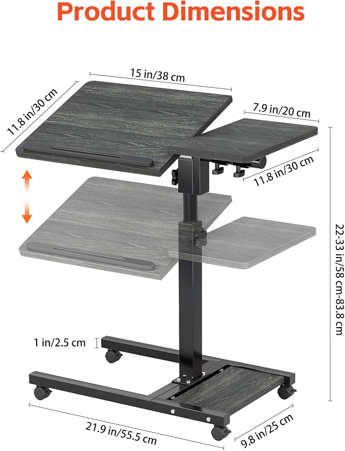Furist Overbed Table with Wheels Adjustable Height, Mobile Standing Stand Up Rolling Laptop PC Desks with Tilting Top Height Tray Side Computer Workstation for Bedroom on Hospital Home Use, Black - Image 3