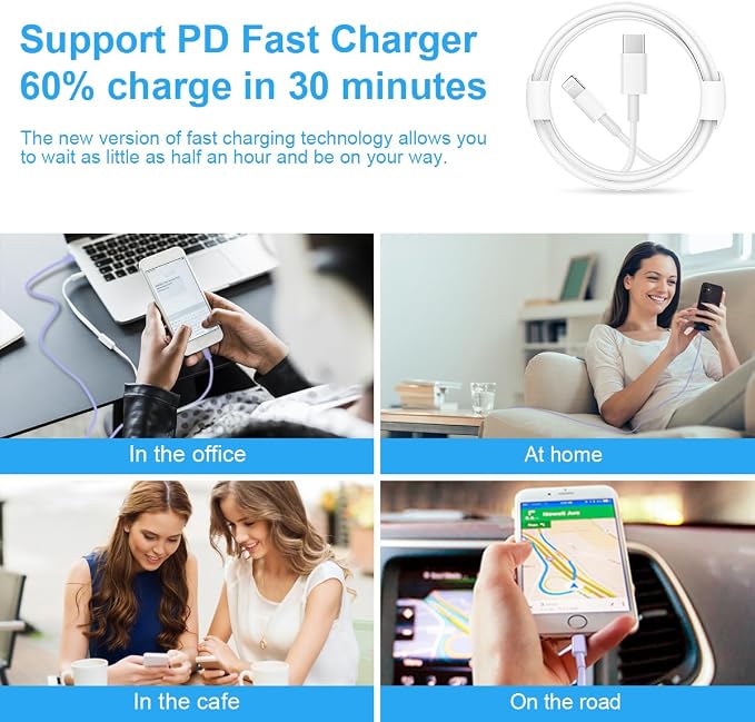 iPhone Fast Charger 3+3Pack 20W USB C Wall Charger with Extra Long 10FT Fast Charging Cable Compatible with iPhone 14/13/12/11/Pro/Pro Max - Image 6