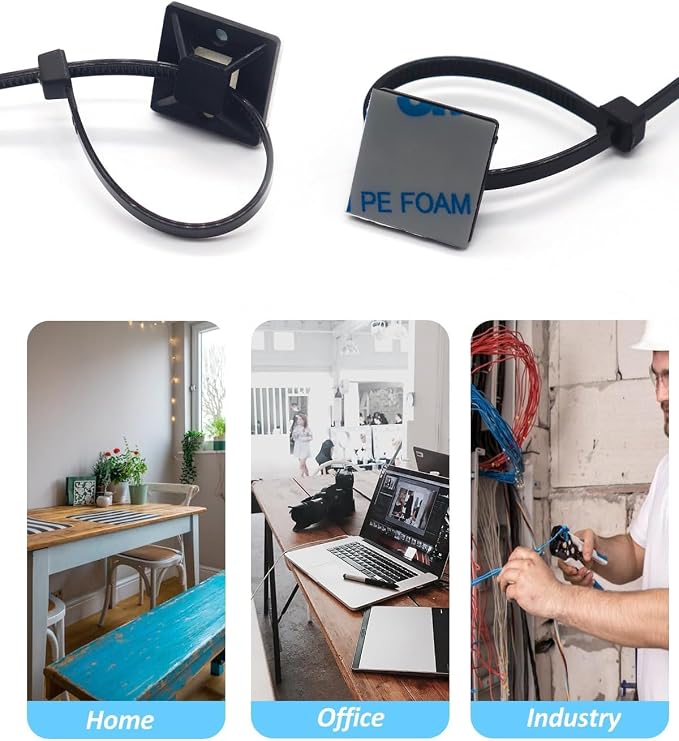 Cable Management Kit - 100 Set Adhesive Cable Zip Tie Mounts with 8" Zip Ties | UV Resistant Wire Organizers for Indoor/Outdoor Use-Black - Image 4