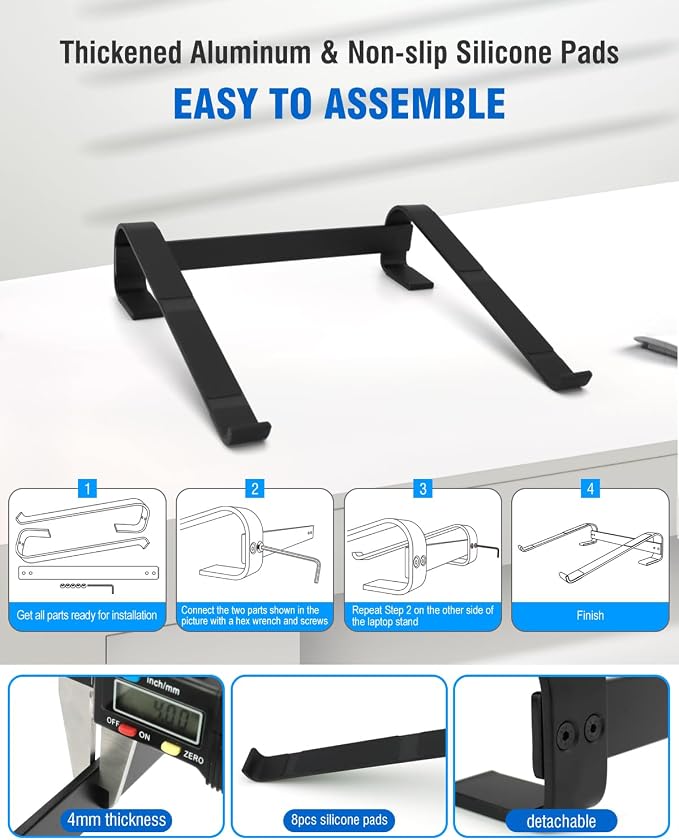 Laptop Stand for Desk, Ventilated Aluminum Laptop Riser, Black | Stable Typing Support, Fixed 17° Angle, 2.5 in Lift, Silicone Pads, Open Airflow, Fits Most 11–16 in Laptops, Tool Included - Image 6