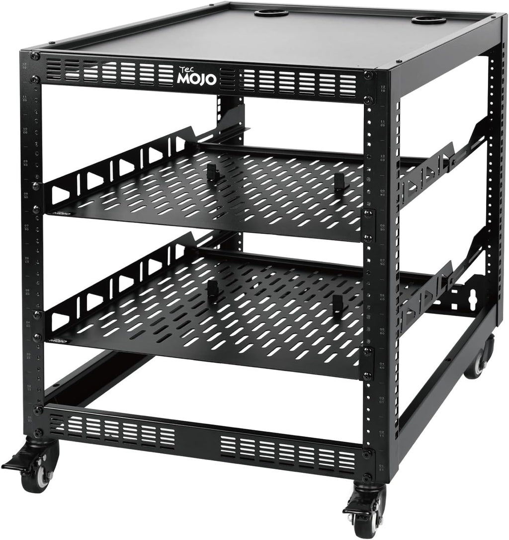 TECMOJO 12U Open Frame Network Rack for IT & AV Gear, 4-Post With Casters, Mobile With 2 PCS 1U Server Shelf & Mounting Hardware, for 19" Network, Audio and Video Device by Tecmojo