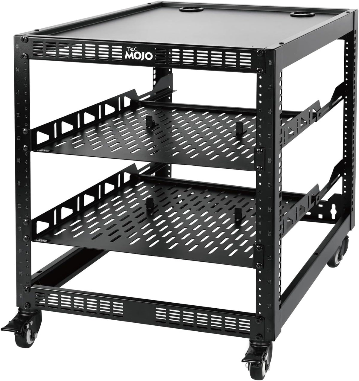 TECMOJO 12U Open Frame Network Rack for IT & AV Gear, 4-Post With Casters, Mobile With 2 PCS 1U Server Shelf & Mounting Hardware, for 19" Network, Audio and Video Device by Tecmojo