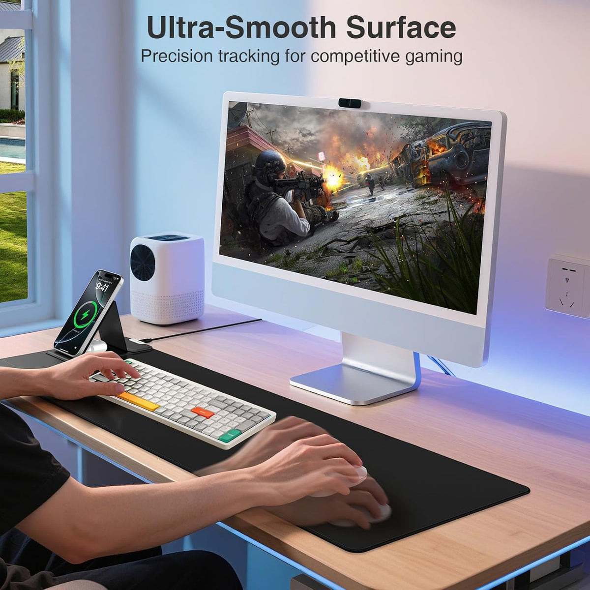 Mouse Pad with Wireless Charging & Foldable Phone Holder, 27.5"x11.8" Black - Image 4