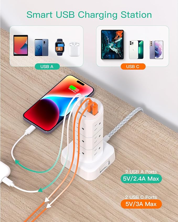 Surge Protector Power Strip Tower, 10FT Extension Cord, Slim Flat Plug | Office Desk Supplies, with Multiple Outlets(12 AC Outlets), 1875W/15A Overload Protection, Dorm Room Essentials - Image 3